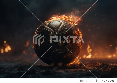 A soccer ball on fire against a dark background, representing the explosive nature of the sport. AI generative. 102874770