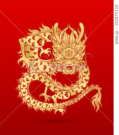 Traditional Chinese Dragon gold zodiac sign isolated on red background for card design print media or festival. China lunar calendar animal happy new year. Vector Illustration. 102875110