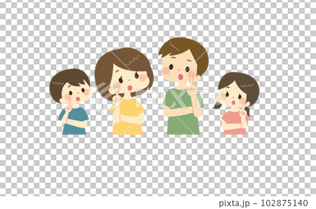 一個家庭的插圖，他們的食指向上，嘴巴張開 102875140