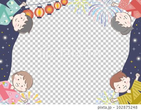 Frame of children in cute yukata, summer festival, night sky, lantern 102875248