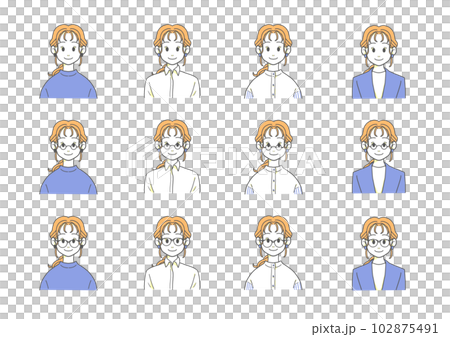 一個微笑的女人的半身像，戴眼鏡或不戴眼鏡（橙色 x 藍色） 102875491