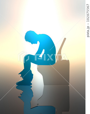 トイレに座って悩む男性シルエット 明 3Dイラストレーション 縦 トイレに座って悩む男性シルエット 明 3Dイラストレーション 縦 102875567