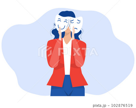 Businesswoman holding masks different masks happy and sad imposter syndrome; Bipolar disorder; fake faces and emotions. psychology; false behavior or deceiver.vector illustrator Businesswoman holding masks different masks happy and sad imposter syndrome; Bipolar disorder; fake faces and emotions. psychology; false behavior or deceiver.vector illustrator 102876519