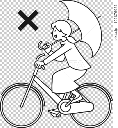 傘をさして自転車で走る若い女性 102876981