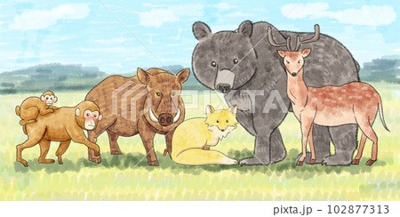 沢山の動物が集まっている背景が草と山と青空のイラスト 102877313