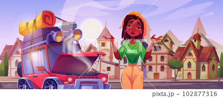 Old city street road with broken car and woman 102877316