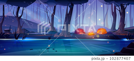 Night forest lake with campsite on bank 102877407