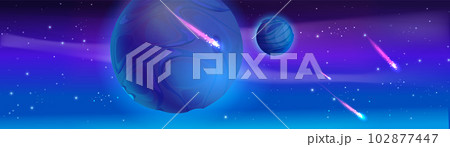 Space background with alien planets, meteorites 102877447