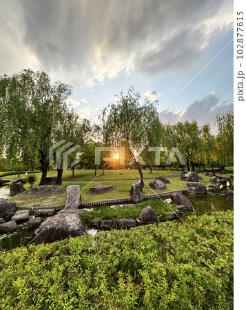 岐阜県・公園内の風景 木々の隙間から見える夕日 岐阜県・公園内の風景 木々の隙間から見える夕日 102877615