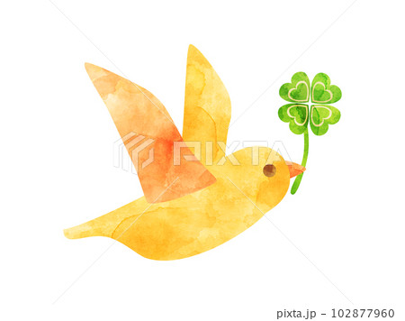 クローバーをくわえて羽ばたく鳥のイラスト 水彩風加工バージョン クローバーをくわえて羽ばたく鳥のイラスト 水彩風加工バージョン 102877960