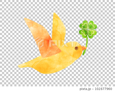 クローバーをくわえて羽ばたく鳥のイラスト 水彩風加工バージョン クローバーをくわえて羽ばたく鳥のイラスト 水彩風加工バージョン 102877960