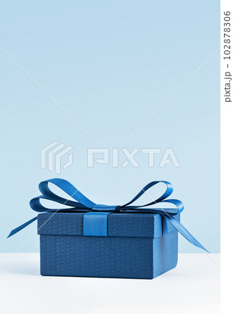 small Luxury gift box with a blue bow on light blue. Side view monochrome . Fathers day or Valentines day gift for him. Corporate gift concept or birthday party. Festive sale copy space 102878306