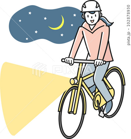 夜間にライトを点けて自転車で走る若い女性 夜間にライトを点けて自転車で走る若い女性 102878930