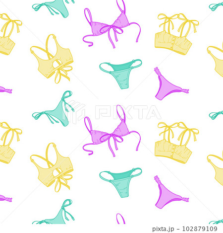 Seamless pattern of underwear in pastel colors on a white background. 102879109