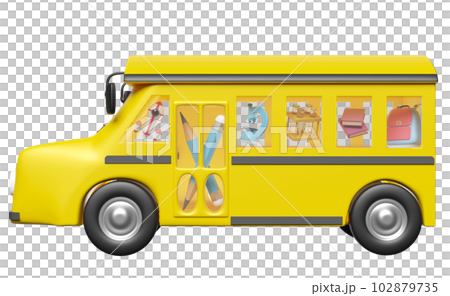 vehicle for transport students isolated. 3d yellow school bus cartoon sign icon, accessories with microscope, book, bag, pencil, school supplies, back to school 3d render vehicle for transport students isolated. 3d yellow school bus cartoon sign icon, accessories with microscope, book, bag, pencil, school supplies, back to school 3d render 102879735