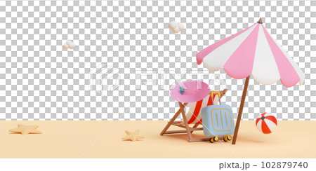 3d summer travel with suitcase, umbrella, ball, beach chair, hat, seaside isolated. 3d render illustration 102879740