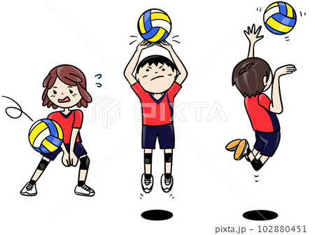 バレーボール（レシーブ・トス・アタック（ジャンプサーブ））をする少年少女 102880451