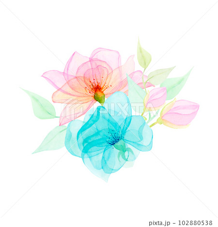 Watercolor drawing of half-transparent clear blue and purple flowers and blossoms with stems and leaves on white background. Nice hand drawn for wrapping, sticker, scrapbooking, textile print, fabrics Watercolor drawing of half-transparent clear blue and purple flowers and blossoms with stems and leaves on white background. Nice hand drawn for wrapping, sticker, scrapbooking, textile print, fabrics 102880538