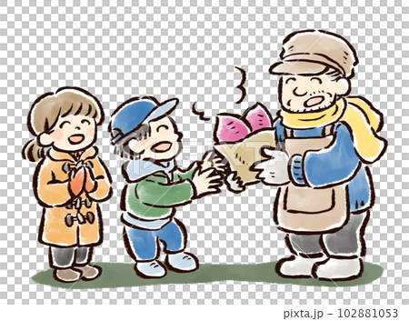 賣烤地瓜的老人和顧客的孩子手繪插畫 102881053