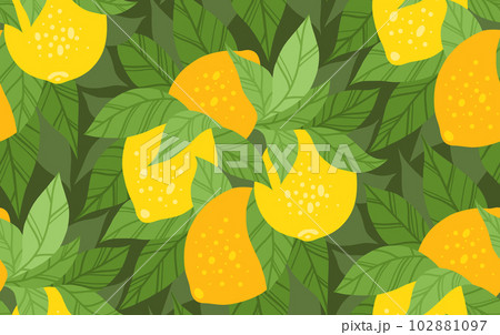 Vector seamless pattern with lush bushes of lemons with foliage on green background. Texture with thickets of hand drawn flat citrus fruits 102881097