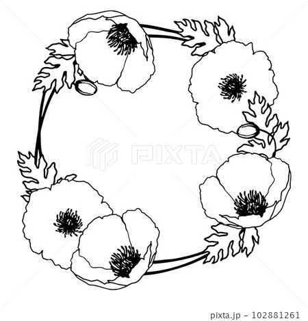 ポピーの花の手描き線画イラスト　円形リース 102881261