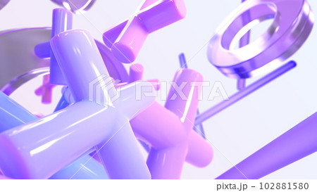 Abstract background with geometric 3d shapes in motion. Flying glass or crystal hologram rings, tubes, glossy pink and purple crosses with gradient texture, fashion wallpaper, pattern. 3D illustration 102881580