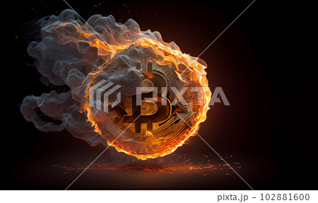 Burning in fire golden bitcoin on black background, Bitcoin coin in flames, burn cryptocurrency bit coin money, crash and blockchain bubble, Generative AI Burning in fire golden bitcoin on black background, Bitcoin coin in flames, burn cryptocurrency bit coin money, crash and blockchain bubble, Generative AI 102881600