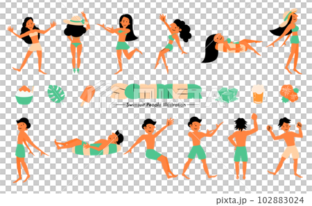Illustration of men and women in simple and cute summer swimsuits and a vector icon set that feels cool_green_with a face Illustration of men and women in simple and cute summer swimsuits and a vector icon set that feels cool_green_with a face 102883024