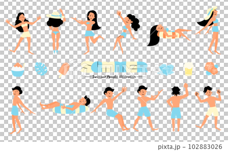 Illustration of men and women in simple and cute summer swimsuits and a vector icon set that feels cool _ light blue _ with face Illustration of men and women in simple and cute summer swimsuits and a vector icon set that feels cool _ light blue _ with face 102883026