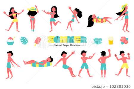 シンプルで可愛い夏の水着の男女の人物イラストと涼を感じるベクターアイコンセット_青緑 102883036