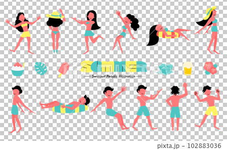 シンプルで可愛い夏の水着の男女の人物イラストと涼を感じるベクターアイコンセット_青緑 102883036
