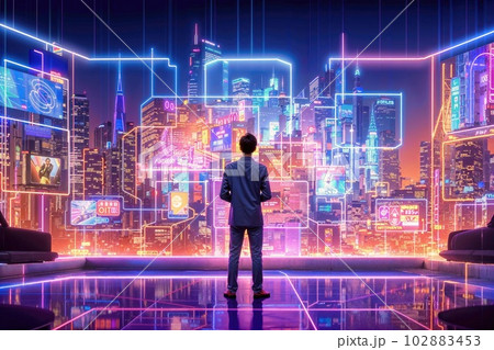 メタバース空間の都市を見上げるビジネスマン、生成AI 102883453