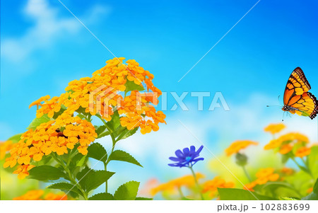 Bright Summer-Spring Flower Border with Orange Lantana and Fluttering Butterflies. Generative AI. 102883699