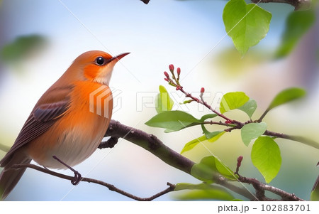Delightfully Beautiful Nightingale Bird Perched on a Flowering Tree. Generative AI. Delightfully Beautiful Nightingale Bird Perched on a Flowering Tree. Generative AI. 102883701