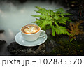 Background Coffee cup and beans on old kitchen table.  102885570