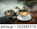 Background Coffee cup and beans on old kitchen table.  102885578