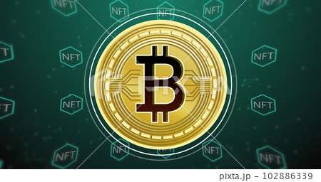 Image of bitcoin symbol over nft text on green background 102886339