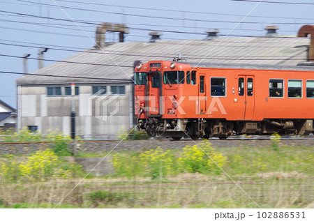 昼下がりの山陰本線を走る出雲市行きの朱色のディーゼル列車 昼下がりの山陰本線を走る出雲市行きの朱色のディーゼル列車 102886531
