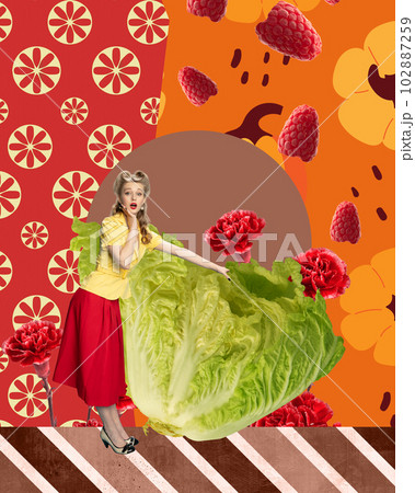 Contemporary art collage. Pretty, young, blonde girl standing with giant lettuce against abstract background with berries 102887259
