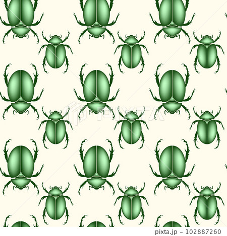 seamless pattern of a scarab beetles, vector insect in shiny green color isolated on a white vintage background 102887260