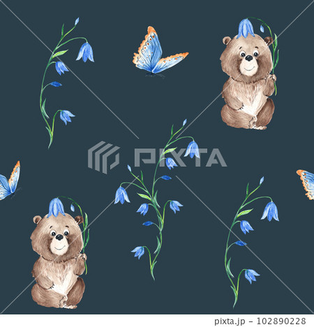 Seamless pattern with cute bear, blue bells and butterfly. Watercolor hand drawn illustration. Seamless pattern with cute bear, blue bells and butterfly. Watercolor hand drawn illustration. 102890228