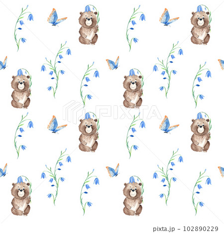 Seamless pattern with cute bear, blue bells and butterfly. Watercolor hand drawn illustration. 102890229