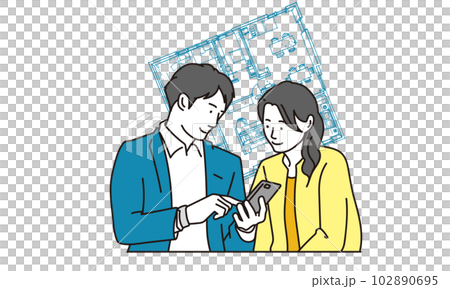 亞洲男人和女人在智能手機上看房地產 102890695