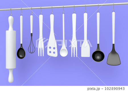 Set of kitchen utensil for preparation of dough hanging on shelf on violet 102890943