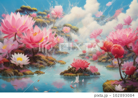 極楽浄土に咲き乱れる蓮の花：AI作品 102893084