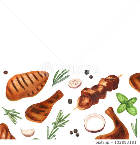Watercolor frame, bbq grilled chicken steak, kebab, fille and rosemary twig. Hand-drawn illustration isolated on white background. Perfect concept food menu, food drawing, design packing, barbecue 102893181