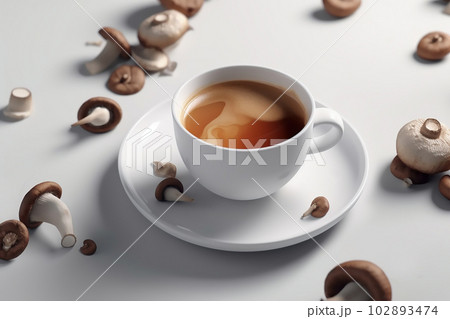 Chagaccino coffee in white cup and mushrooms around on white. 102893474