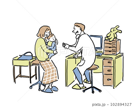 診察室で小さい子供を抱っこした母親と聴診器を持った医師 診察室で小さい子供を抱っこした母親と聴診器を持った医師 102894327