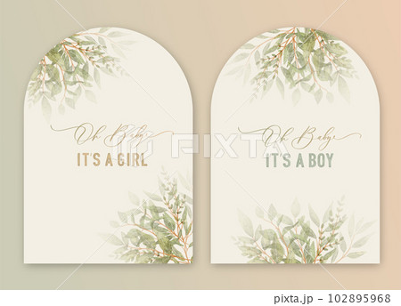 Oh baby. Baby Shower Arch Invitation card with calligraphy and green watercolor botanical leaves. Abstract floral art background vector design for wedding and vip cover template. 102895968