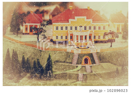 Retro postcard miniature old manor house and yard with trees. Retro postcard miniature old manor house and yard with trees. 102896023